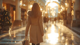 Asian Japanese girl in a winter coat and scarf enjoy shopping with smile. The background a blur effect of a luxury European street