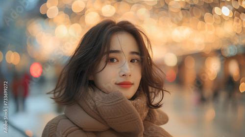 Asian Japanese girl in a winter coat and scarf enjoy shopping with smile. The background a blur effect of a luxury European street