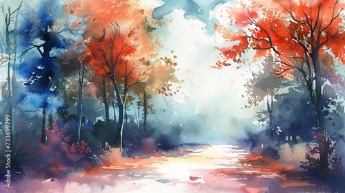 watercolor image of a beautiful forest landscape, image created by artificial intelligence