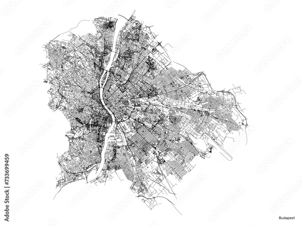 Obraz premium Budapest city map with roads and streets, Hungary. Vector outline illustration.