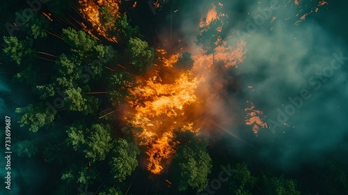 Aerial view of a forest fire at night. nature's fury from above. vivid contrast between fire and trees. perfect for environmental themes. AI