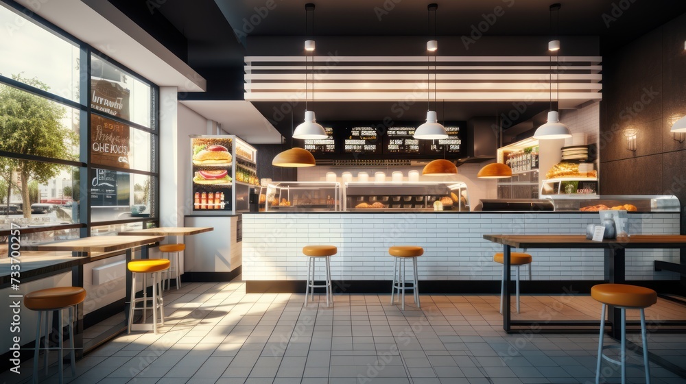 The Interior of the modern Burger shop is empty, Cafe restaurant interior, cafe is without customers and visitors. Burger shop background. The Interior of the modern Burger shop is empty, Cafe restaurant interior, cafe is without customers and visitors. Burger shop background.