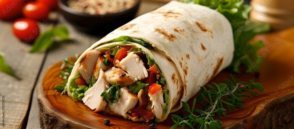 Savory chicken wrap on wooden board, healthy fast food concept, fresh ingredients, rustic style photo. AI Savory chicken wrap on wooden board, healthy fast food concept, fresh ingredients, rustic style photo. AI