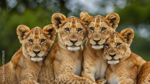Lion Siblings in Natural Harmony: Group of four young lions showing strong familial bonds in their forest habitat.