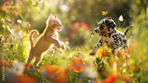 Kitten and Puppy in Sunlit Meadow: A kitten and a Dalmatian puppy playfully interact in a sunlit meadow, surrounded by colorful flowers and butterflies.