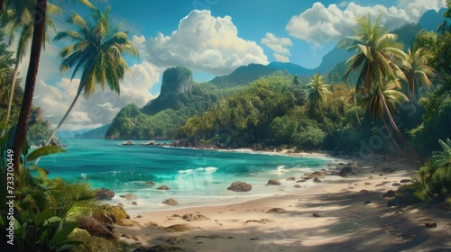 Tropical Paradise Beach: Idyllic view of a secluded tropical beach with crystal-clear waters, surrounded by lush greenery and towering palm trees under a serene sky.