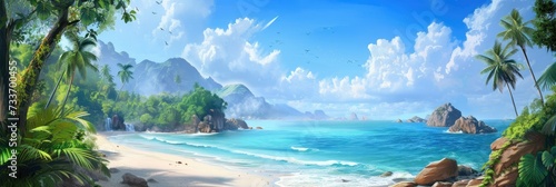 Wide Tropical Beach Panorama  A sweeping panorama of a stunning tropical beach  its white sands meeting the clear azure waters under a vast  cloud-speckled sky.