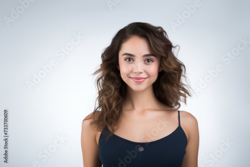 Sweet young girl dressed in comfortable vest undergarments, exuding confidence as she poses gracefully on a pristine white surface. Generative AI.