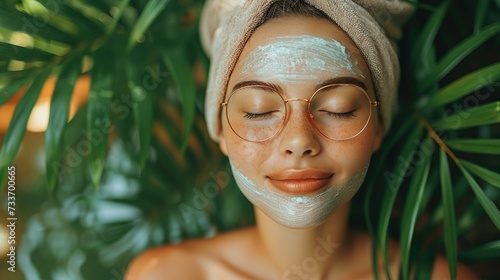 Spa Day Serenity: Woman with a serene expression enjoying a facial mask treatment surrounded by lush greenery photo
