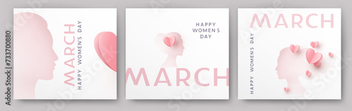 Women's Day greeting cards or banners set with heart 3d pink cut out paper elements. Vector 8 March international holiday poster templates