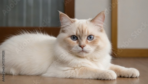 Red point birman cat laying on the floor indoor