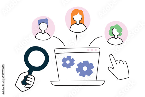 HR software illustration, hand drawn composition with laptop and company employees, human resources information system vector icon, career management concept, team forming, business network, 