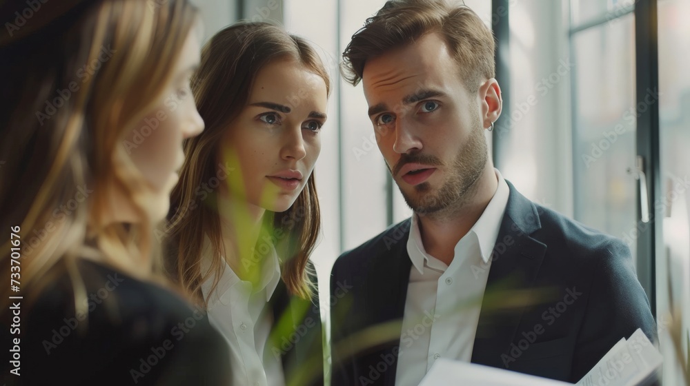 Young elegant employees discussing document or contract and its points at meeting in office Young elegant employees discussing document or contract and its points at meeting in office