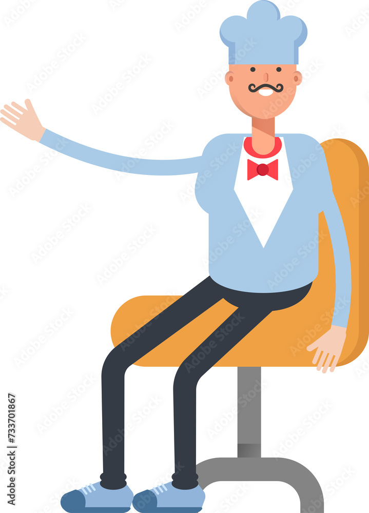 Waiter Character Sitting on Office Chair
