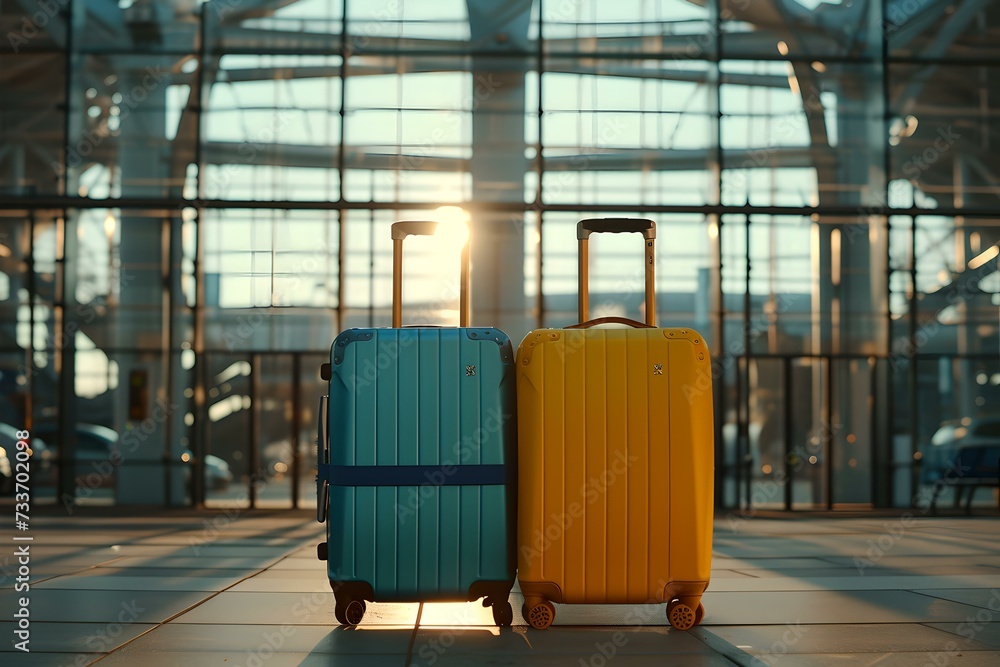 Two colorful suitcases standing ready for adventure at an airport. bright, modern travel concept. sunset light, travel lifestyle. AI