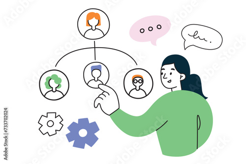 HR manager forming staff, team development and human resources concept, recruitment composition, cartoon woman hiring staff, vector illustrations of company employees, career management department