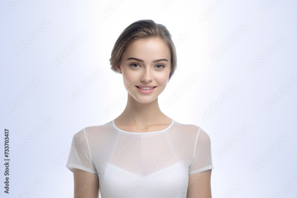 Lovely young girl dressed in cozy Tank Top intimates, exuding charm against a pure white backdrop. Generative AI. Lovely young girl dressed in cozy Tank Top intimates, exuding charm against a pure white backdrop. Generative AI.