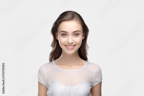 Lovely young girl dressed in cozy Tank Top intimates, exuding charm against a pure white backdrop. Generative AI.