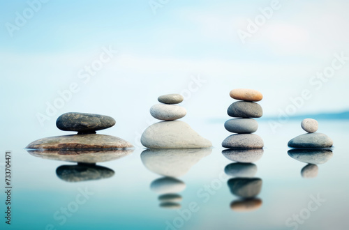 Balanced stone stacks on tranquil water surface reflecting peace and mindfulness