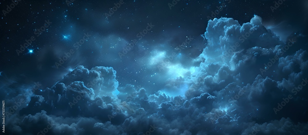 Enigmatic night sky with luminous stars and ethereal clouds captured in a digital artwork. serene and majestic atmospheric scene. AI