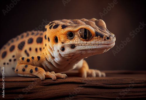 A close up of a leopard gecko on wood. Generative AI photo