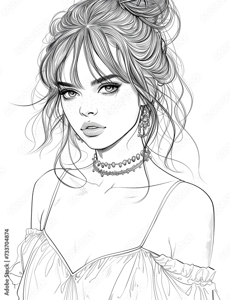 Illustration of a bright and unique young woman surrounded by flowers. Elegant illustration for a coloring book. Anti-stress therapy for adults and children. Illustration of a bright and unique young woman surrounded by flowers. Elegant illustration for a coloring book. Anti-stress therapy for adults and children.