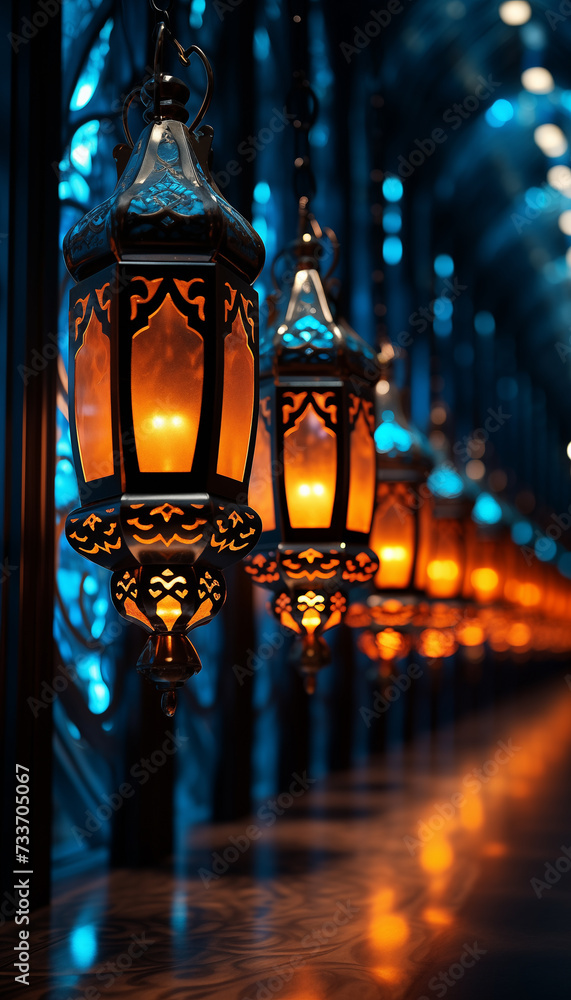 lanterns with candles shining in the dark, perspective view, Ramadan holiday lanterns with candles shining in the dark, perspective view, Ramadan holiday