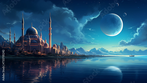 night landscape of a mosque on the coast against the background of a blue sky with a big moon