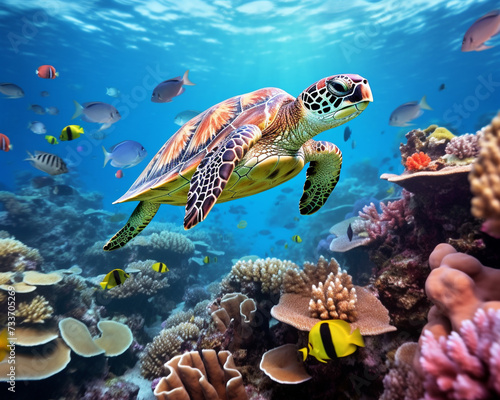 Turtle with group of fishes and sea animals  underwater ocean background