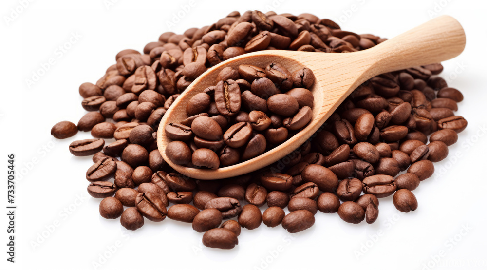 Roasted coffee beans in wooden spoon on white background