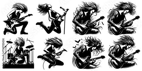 Eight drawings of rock guitar players: four women four men