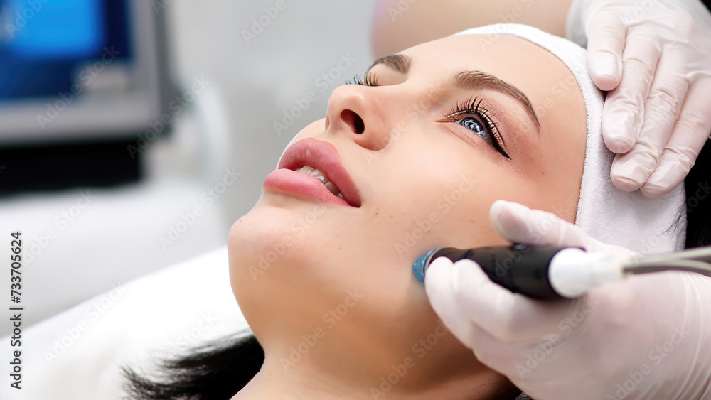 Close-up of a young woman receiving a facial peel. Woman in beauty spa.