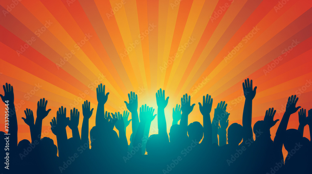 Silhouetted crowd with raised hands enjoying a vibrant sunset