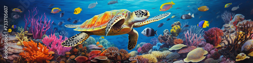 Turtle with group of fishes and sea animals, underwater ocean background