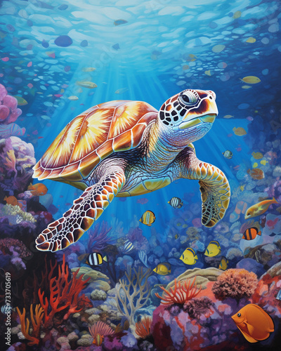 Turtle with group of fishes and sea animals, underwater ocean background