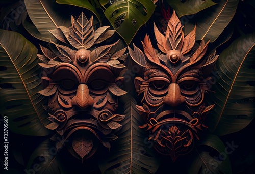 Terrorizing tiki masks adorned with leaves and featuring gaping maws and pointed teeth. Generative AI