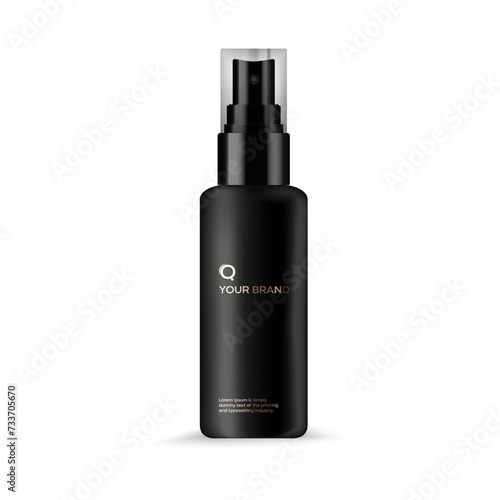 Round black plastic cosmetics jar with black dispencer for, gold logo 