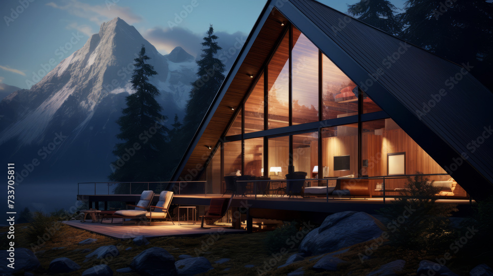 Luxurious mountain cabin at dusk with modern architecture and tranquil nature views