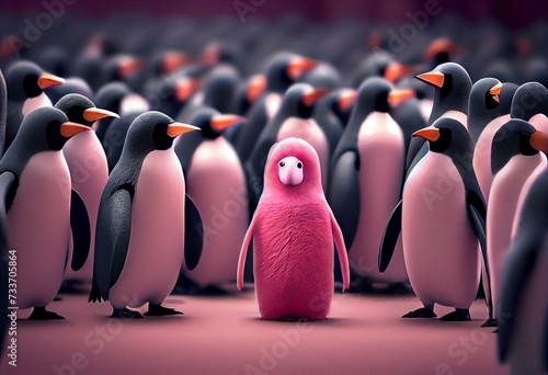 Standing out from the crowd with pink pinguin between penguins. Generative AI illustration