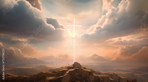 glowing white cross in the sky above the mountain Generative AI photo
