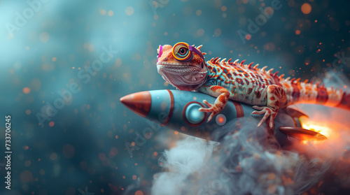 cute lizard on rocket, colorful, fog 