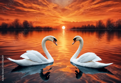 Tramonto Romantico- Due Magnifici Cigni Bianchi che Si Guardano  Nuotano nel Lago Riflettente di Fronte a un Tramonto Arancione Mozzafiato  Alta Risoluzione II