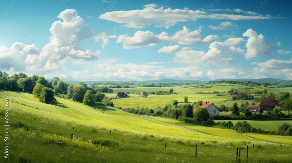 Idyllic rural landscape with rolling hills, vibrant green fields, and farmhouses