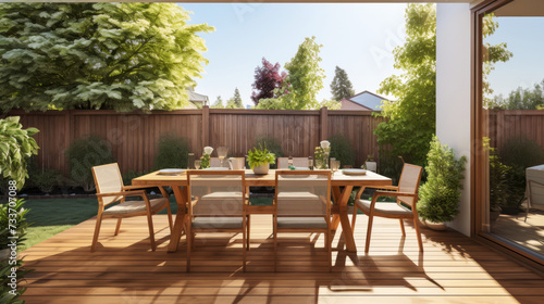 Elegant outdoor dining setup on a wooden deck with garden view