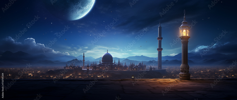 magical landscape with a mosque at dusk on the background of the sky with the moon