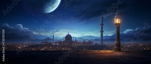 magical landscape with a mosque at dusk on the background of the sky with the moon