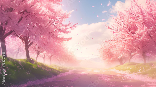 blossoming sakura trees in the light of the sun and sakura petals lie on the paths with copy space and place for text