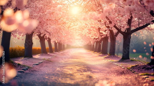 blossoming sakura trees in the light of the sun and sakura petals lie on the paths with copy space and place for text