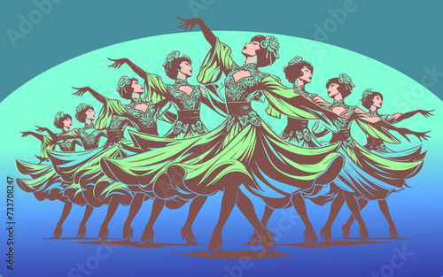 女性のダンス情景、歌劇団のグランドレビューのベクターイラスト