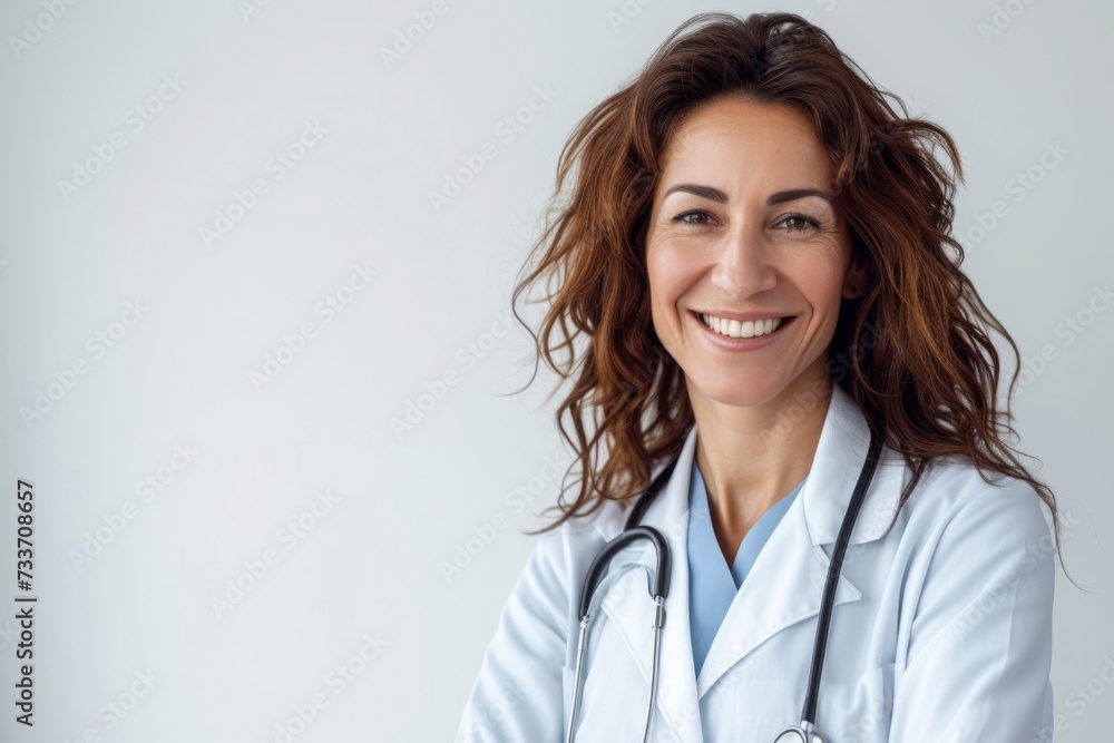 Experienced Doctor Woman with Brown Hair Smiling, Set Against a Solid Background with Ample Copyspace, Exuding Confidence and Professionalism Experienced Doctor Woman with Brown Hair Smiling, Set Against a Solid Background with Ample Copyspace, Exuding Confidence and Professionalism